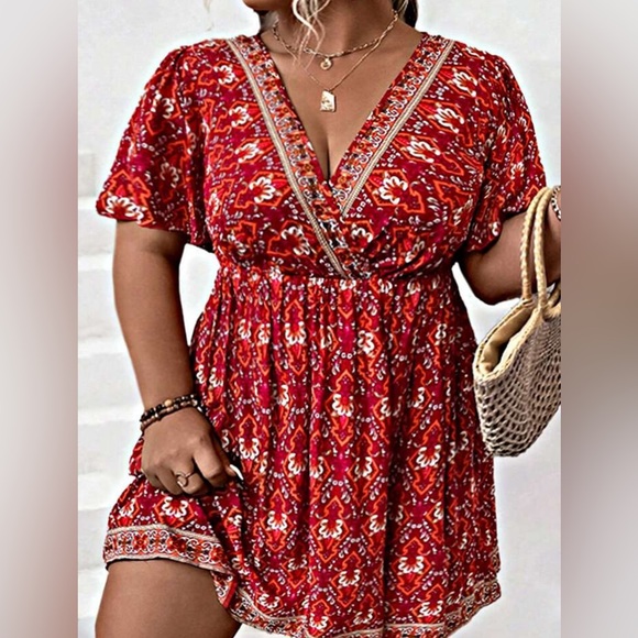 SHEIN CURVE+ Vacation Style Flower Overlap V-Neck Ruffle Short Sleeve Dress, 3X - Picture 3 of 16
